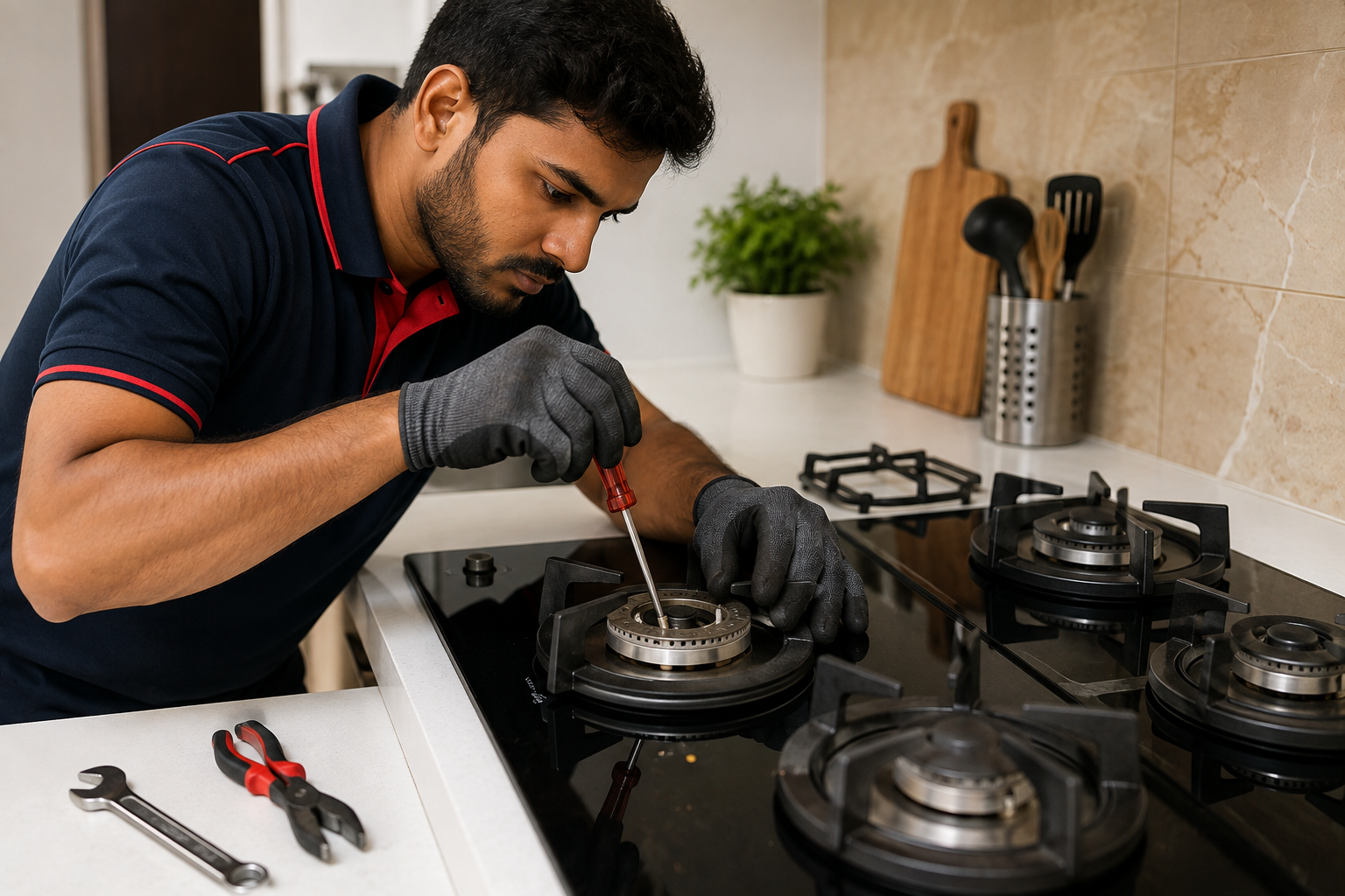 Gas stove repair & service technician at work